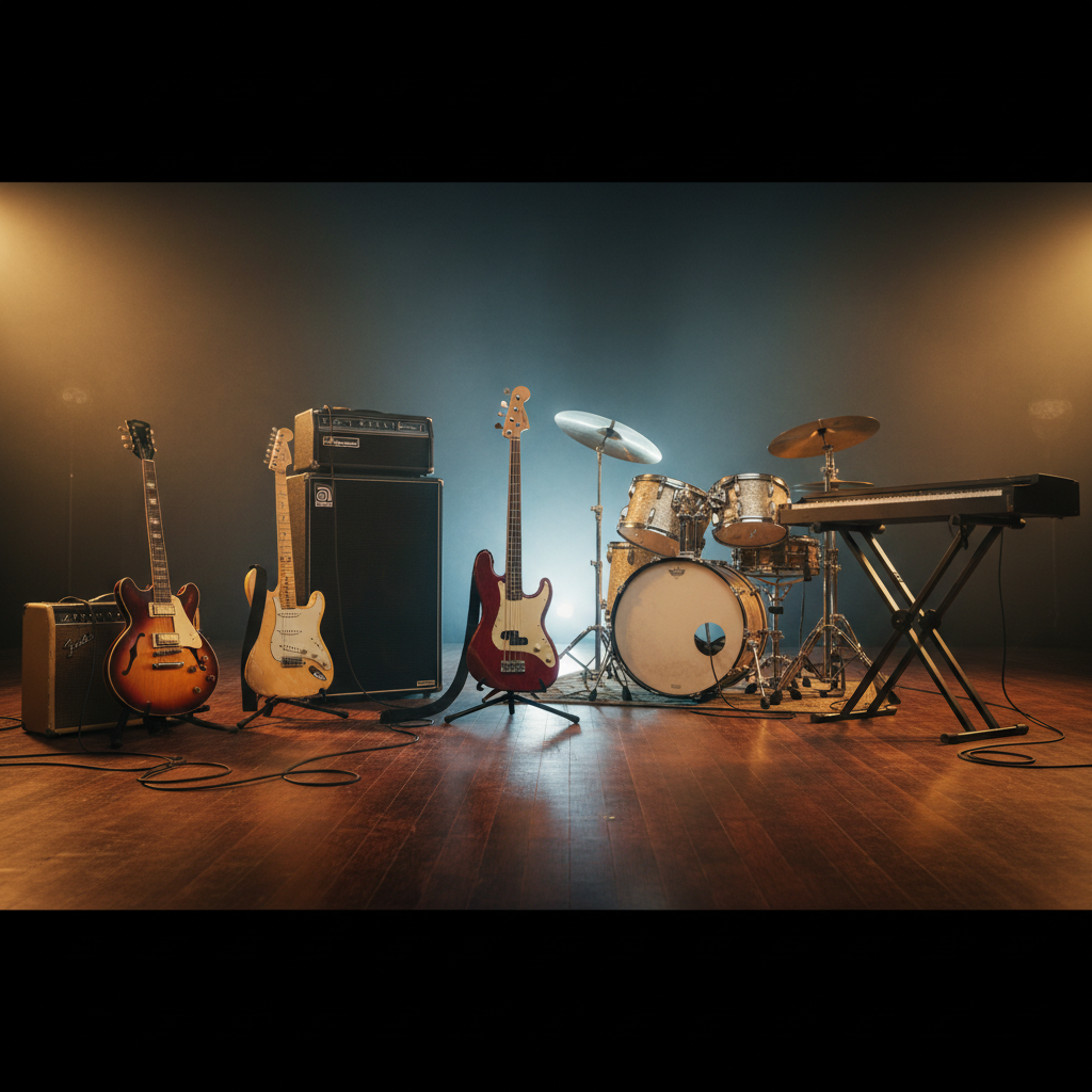 A polished mahogany stage set for a blues rock performance, featuring five empty vintage instrument setups: a sunburst semi-hollow electric guitar on a worn tweed amp, a cream Strat-style guitar leaning against a black stack, a deep red bass on a stand, a gleaming chrome drum kit with weathered heads, and a classic black keyboard on a sturdy stand. Coiled cables snake across the scuffed wooden floor. Dramatic golden hour stage lighting from overhead and behind creates bold rim highlights and long shadows, with faint blue backlighting hinting at smoke in the air. Photographic realism, low-angle, wide composition capturing the whole stage, bold and energetic mood, shallow depth of field softening the dark club audience area beyond.