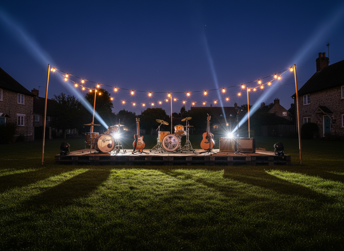 A dramatic nighttime outdoor gig scene on a small Sussex village green, captured in photographic realism without any people, where only the five vintage instrument setups suggest the presence of a blues band. A compact stage is lined with classic amps, a well-loved drum kit, a sunburst guitar on a stand, a resonator guitar with engraved metal body, and a worn acoustic with a leather strap. String lights zigzag overhead, glowing warmly against a deep blue twilight sky. Portable stage lights cast bold, contrasting beams of white and amber, creating crisp shadows on the grass. Shot from a slightly elevated angle to show the landscape fading into darkness, the atmosphere feels expectant, energetic, and ready for rock, blues, and country tunes.