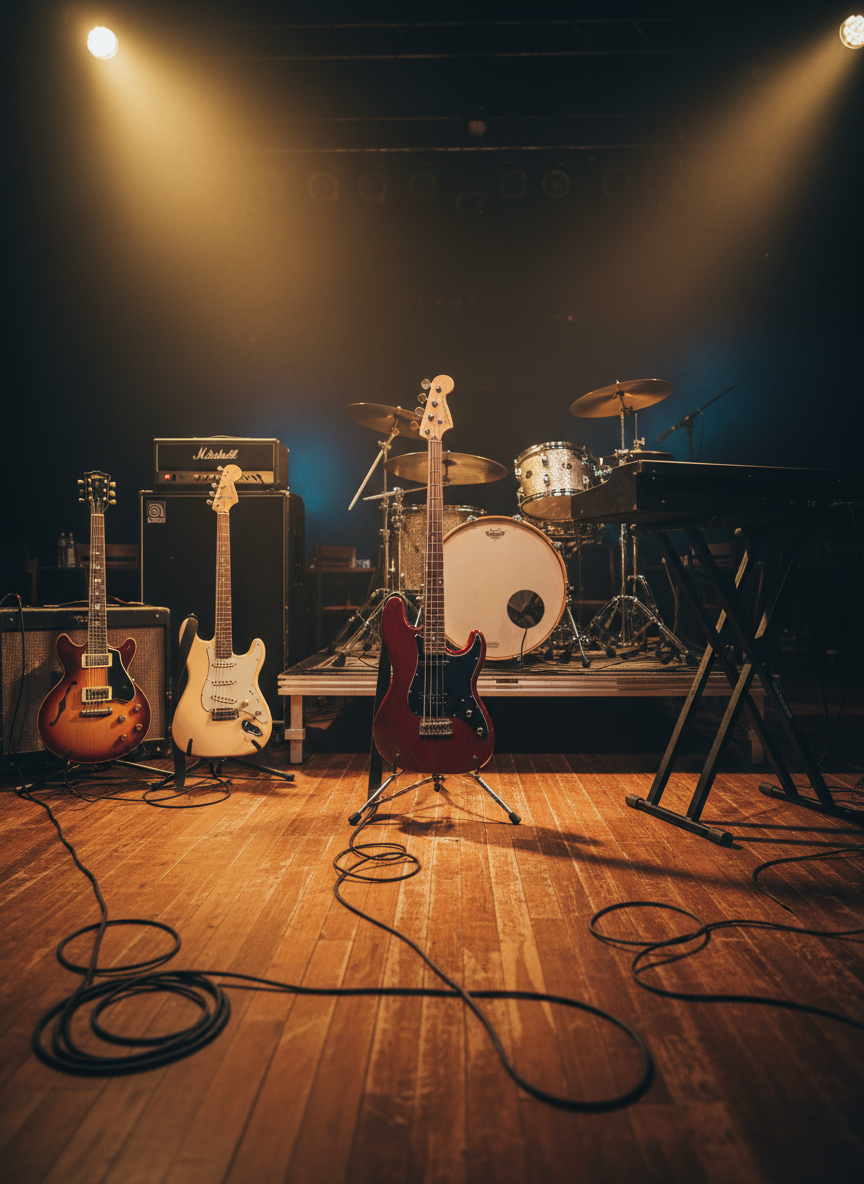 A polished mahogany stage set for a blues rock performance, featuring five empty vintage instrument setups: a sunburst semi-hollow electric guitar on a worn tweed amp, a cream Strat-style guitar leaning against a black stack, a deep red bass on a stand, a gleaming chrome drum kit with weathered heads, and a classic black keyboard on a sturdy stand. Coiled cables snake across the scuffed wooden floor. Dramatic golden hour stage lighting from overhead and behind creates bold rim highlights and long shadows, with faint blue backlighting hinting at smoke in the air. Photographic realism, low-angle, wide composition capturing the whole stage, bold and energetic mood, shallow depth of field softening the dark club audience area beyond.