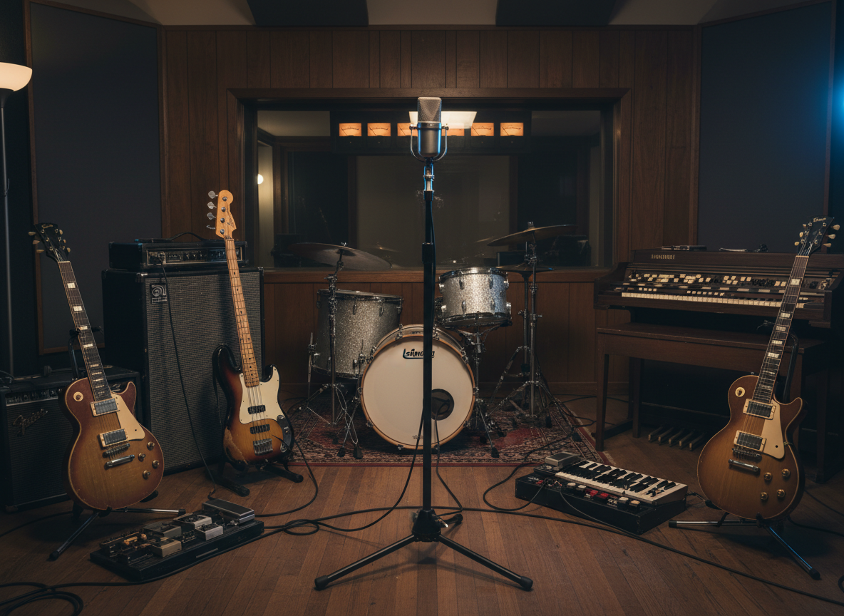 Inside a small analog recording studio, five vintage instrument stations form a semicircle facing a central ribbon microphone, suggesting a tight blues band session without showing any musicians. A classic sunburst guitar rests on a stand beside a tweed combo amp, a tobacco-burst bass leans near an 8x10 cab, a sparkling silver drum kit sits behind, a Hammond-style organ and electric piano fill the edges. Coiled cables, pedalboards, and retro VU meters on a wood-paneled control room window glow softly. Low, warm studio lighting mixes with a faint cool blue accent from a floor light, creating bold contrast and reflections on metal hardware. Photographic realism, slightly wide lens, centered composition, immersive, focused, and intense mood.