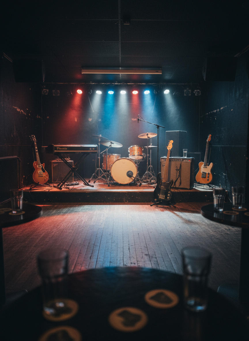 A gritty black-painted club interior with a small, slightly raised stage prepared exclusively for a vintage Sussex blues band, captured in realistic photographic style. Five instrument zones are clearly visible: twin guitars on stands at opposite sides, a solid bass ready near a large cab, a compact but powerful drum kit in the center with worn cymbals, and an electric piano on a heavy metal stand. Coasters and empty glasses sit on nearby tables in soft blur. Overhead colored stage spots in red, blue, and warm white carve bold beams through a faint haze, throwing dramatic shadows across the scuffed floor. Shot from the back of the room at eye level using a long lens, the composition draws the eye straight to the stage, creating a moody, expectant, rock ’n’ roll atmosphere.
