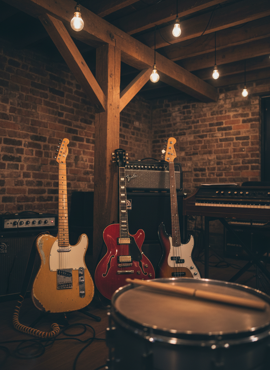 A close-up, photographic view of a vintage blues band rehearsal corner in a Sussex barn conversion, showing five well-used instruments resting between songs: a relic’d tele-style guitar with chipped butterscotch paint, a cherry red hollow-body, a maple-neck bass, a brushed-steel snare with wooden sticks laid across, and a classic electric piano with slightly yellowed keys. Exposed brick walls, rough timber beams, and stacked tube amps surround them. Warm tungsten filament bulbs hang overhead, casting rich amber light and deep shadows that emphasize textures in the wood and metal. Shot at eye level with a slightly off-center composition, the mood is intimate, bold, and authentic, with sharp focus on the instruments and a soft, moody blur to the surrounding room.