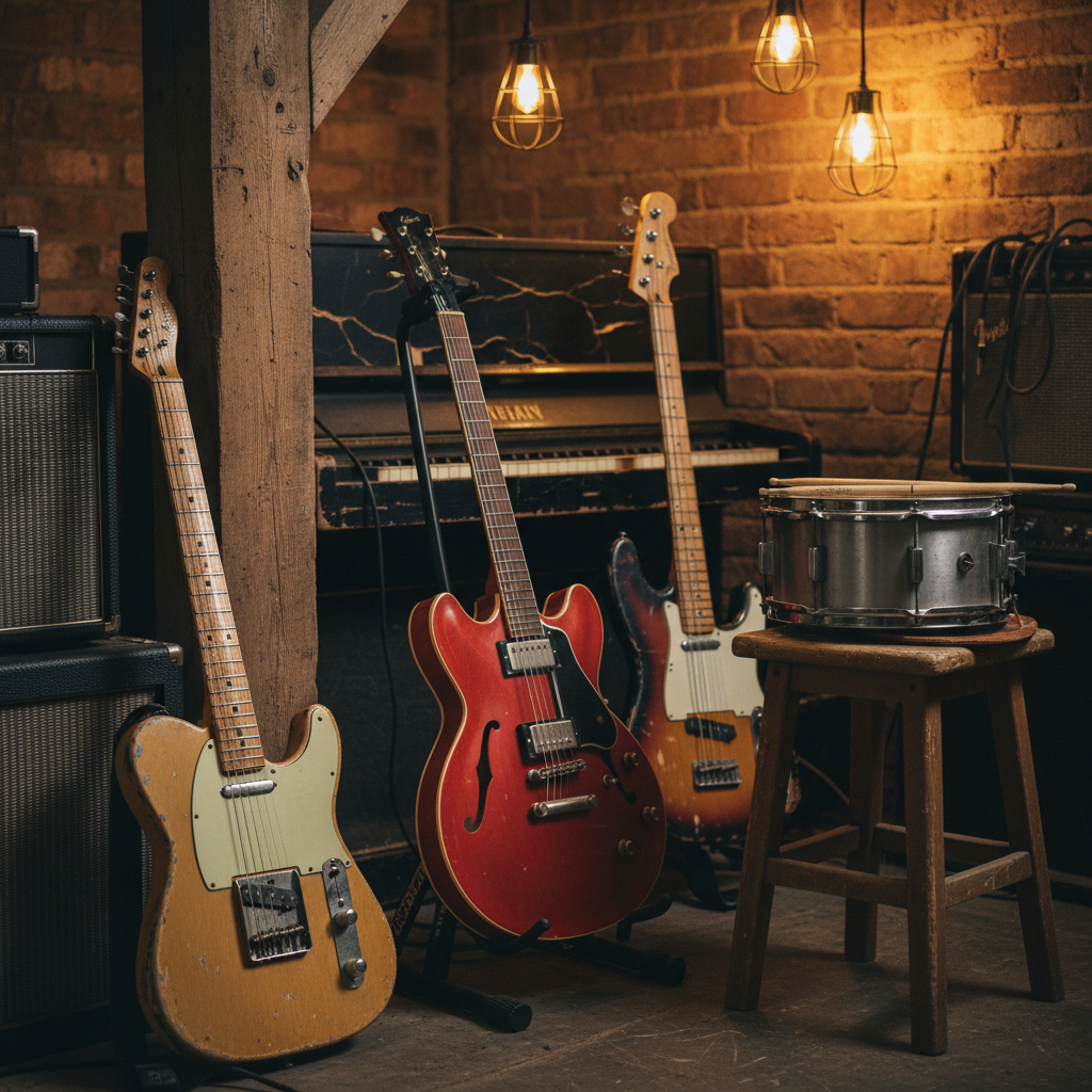 A close-up, photographic view of a vintage blues band rehearsal corner in a Sussex barn conversion, showing five well-used instruments resting between songs: a relic’d tele-style guitar with chipped butterscotch paint, a cherry red hollow-body, a maple-neck bass, a brushed-steel snare with wooden sticks laid across, and a classic electric piano with slightly yellowed keys. Exposed brick walls, rough timber beams, and stacked tube amps surround them. Warm tungsten filament bulbs hang overhead, casting rich amber light and deep shadows that emphasize textures in the wood and metal. Shot at eye level with a slightly off-center composition, the mood is intimate, bold, and authentic, with sharp focus on the instruments and a soft, moody blur to the surrounding room.